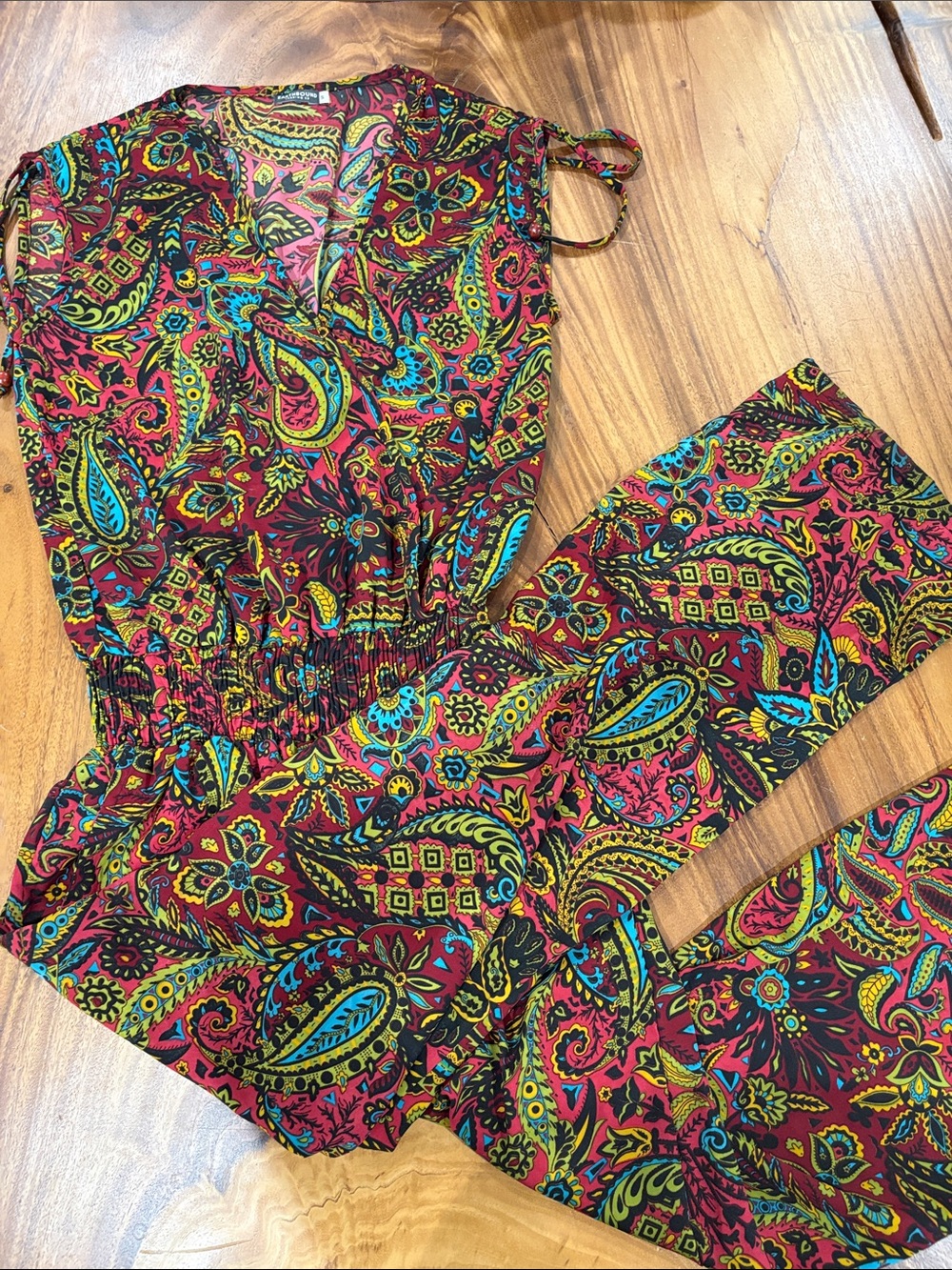 Retro 70s Paisley Tie-Strap Jumpsuit in Burgundy Multicolor